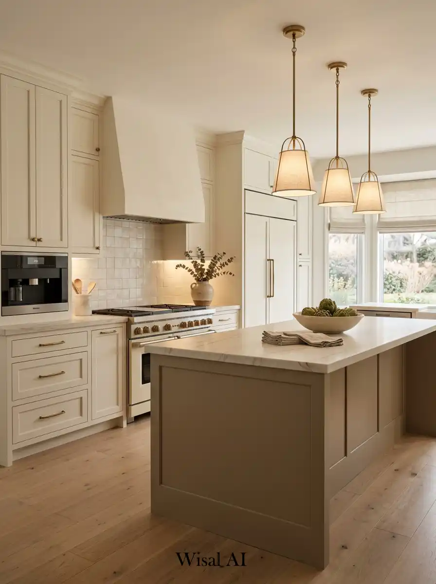 Luxury kitchen with cream base and taupe accents creating a warm elegant interior design.