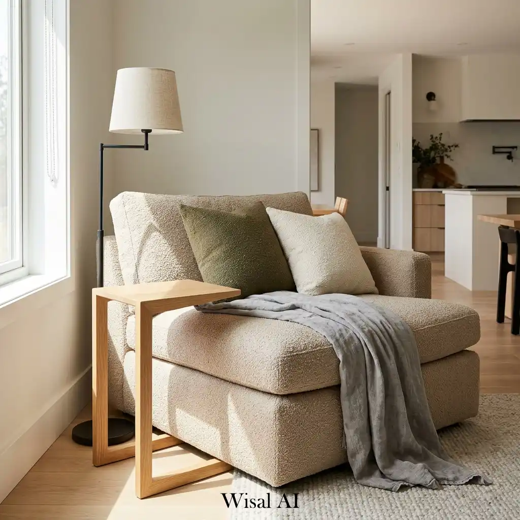 Modular reading corner with movable chair table and warm lighting