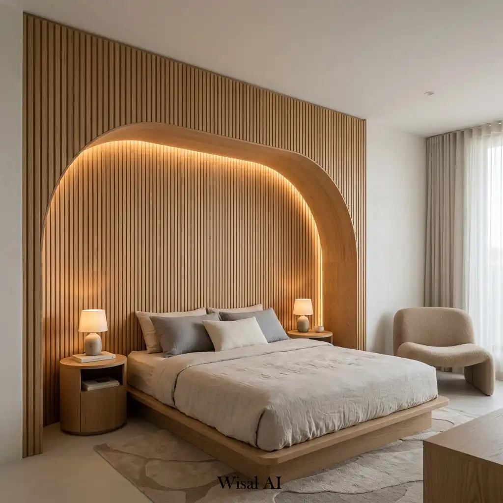 Curved wood slat accent wall creating a soft organic backdrop behind the bed.