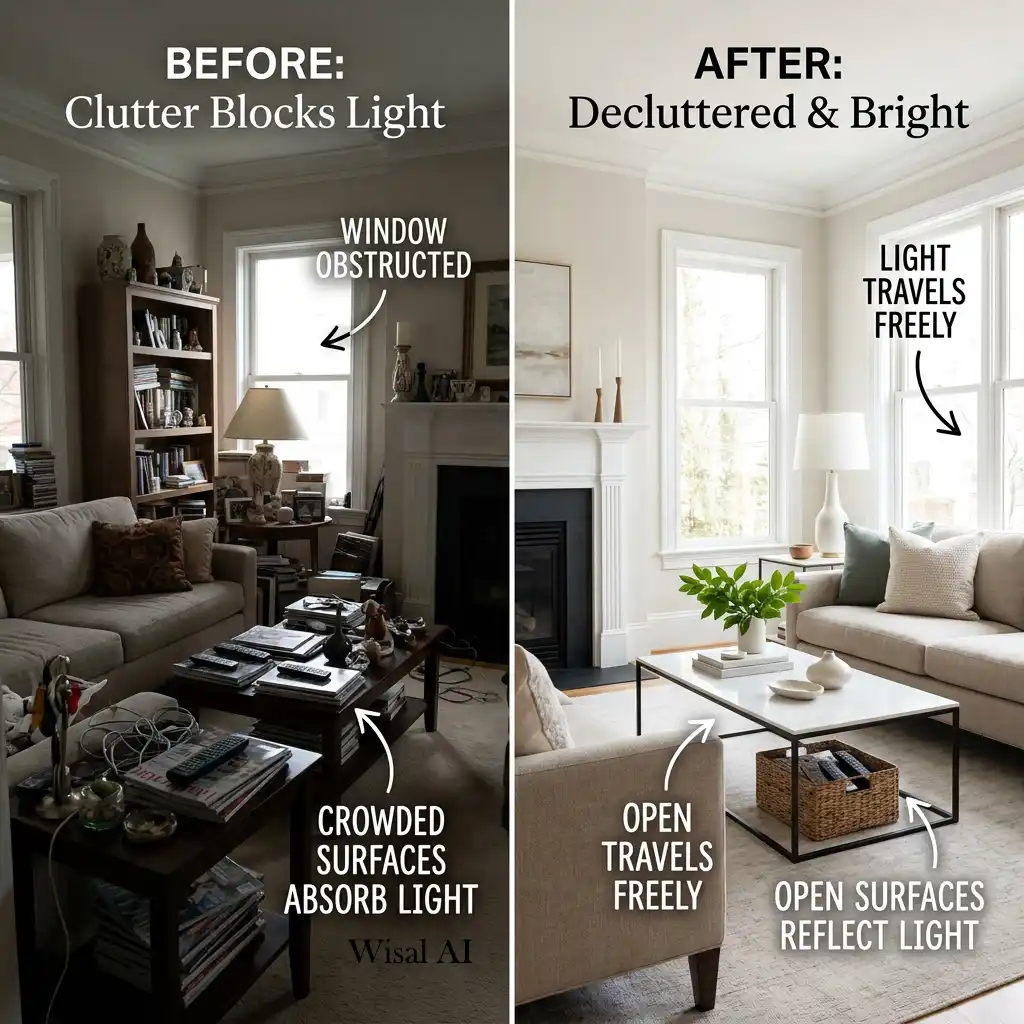 Minimalist living room with clutter-free surfaces enhancing light and visual openness.