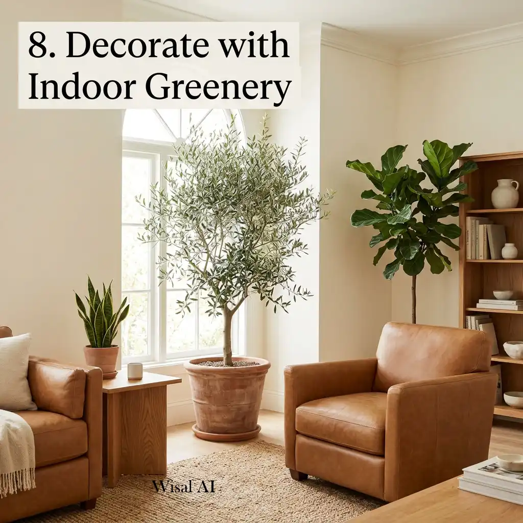 Modern caramel living room with large indoor plants and natural textures.