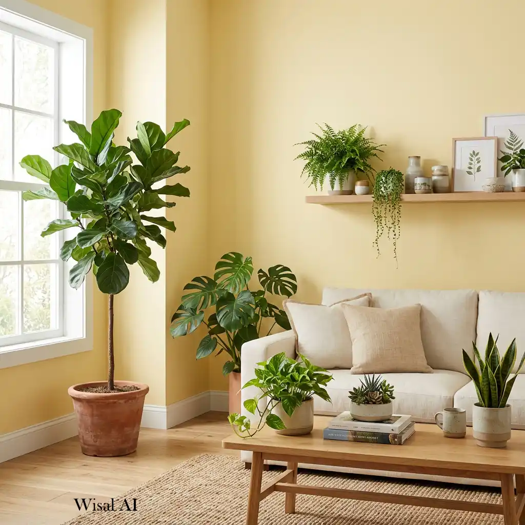 Fresh living room with indoor plants and soft butter yellow accents.
