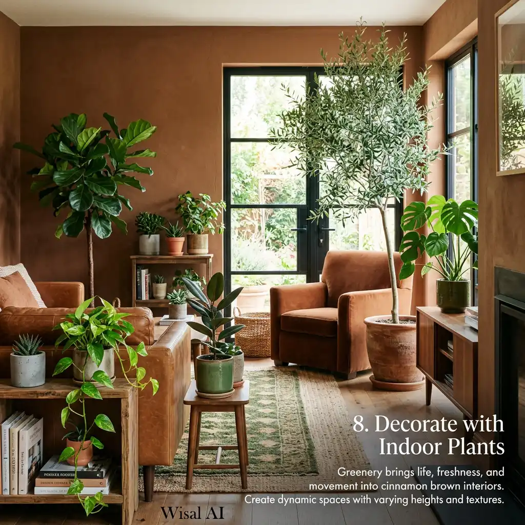 Modern living room with indoor plants and warm earthy décor.