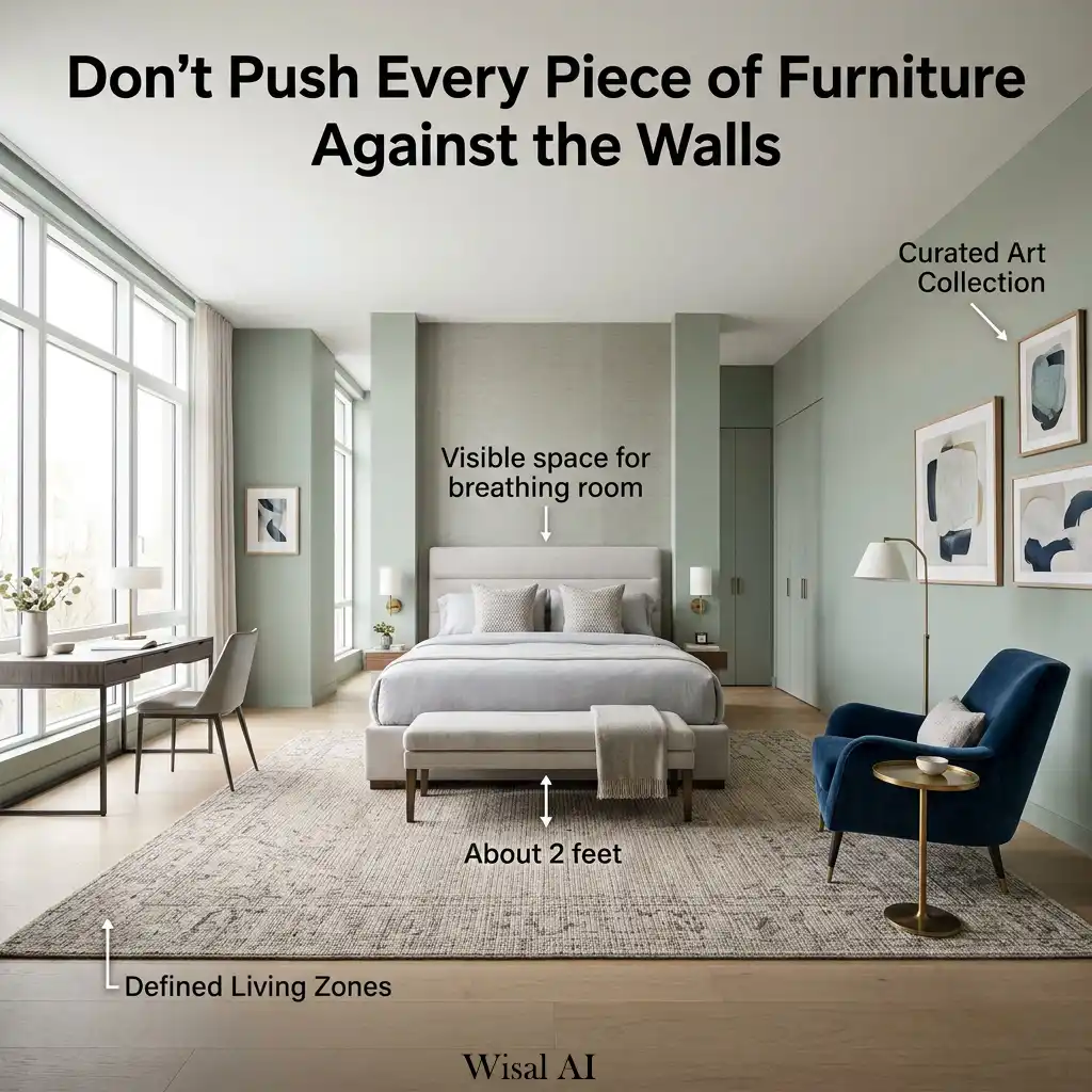 Elegant bedroom with furniture slightly away from walls for added depth.