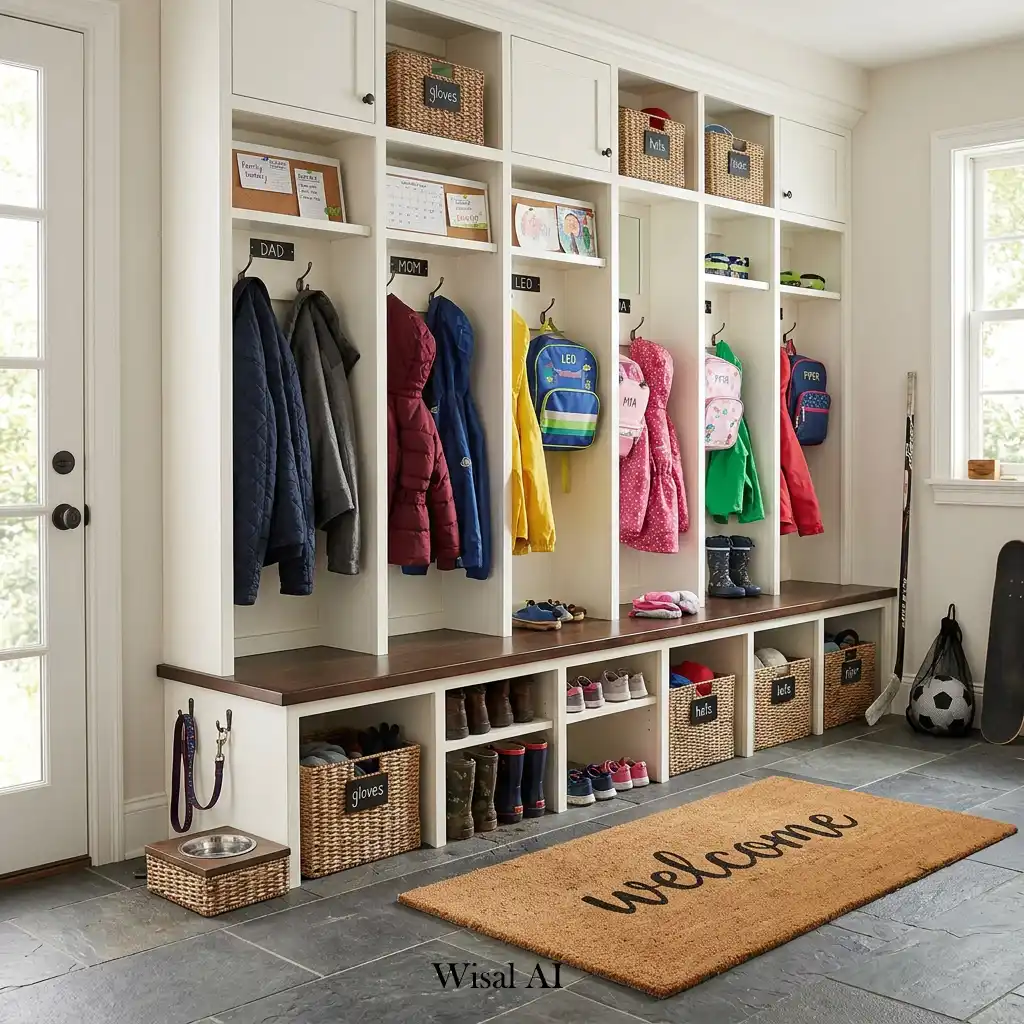 Family-friendly mudroom with cubbies, lockers, and organized storage for everyday essentials
