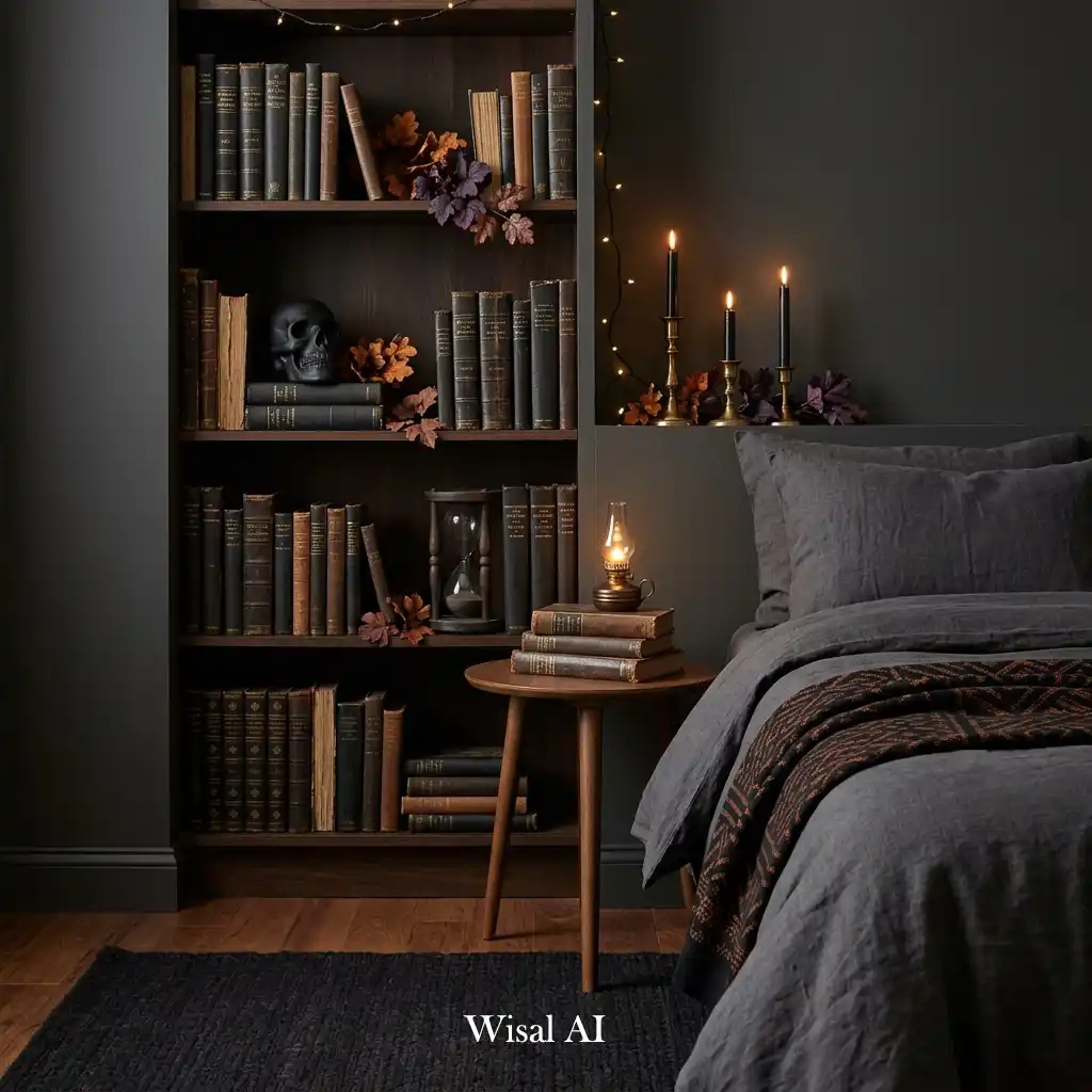 Halloween bedroom decorated with vintage books and antique-inspired accessories.