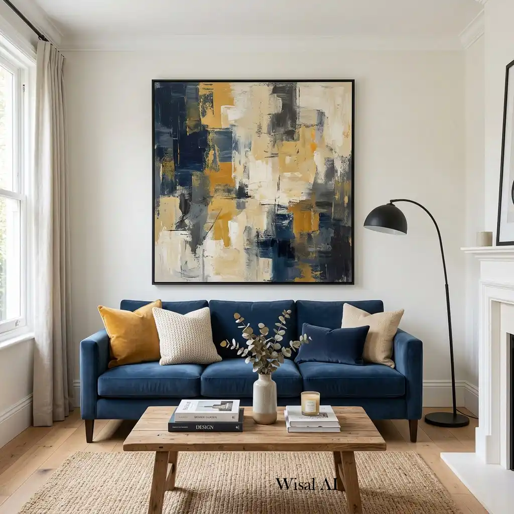 Contemporary living room with oversized abstract artwork above the sofa.