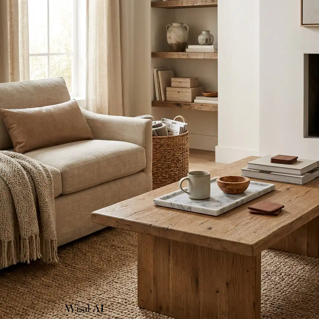 Luxury living room decorated with natural wood, marble, linen, and timeless organic materials.