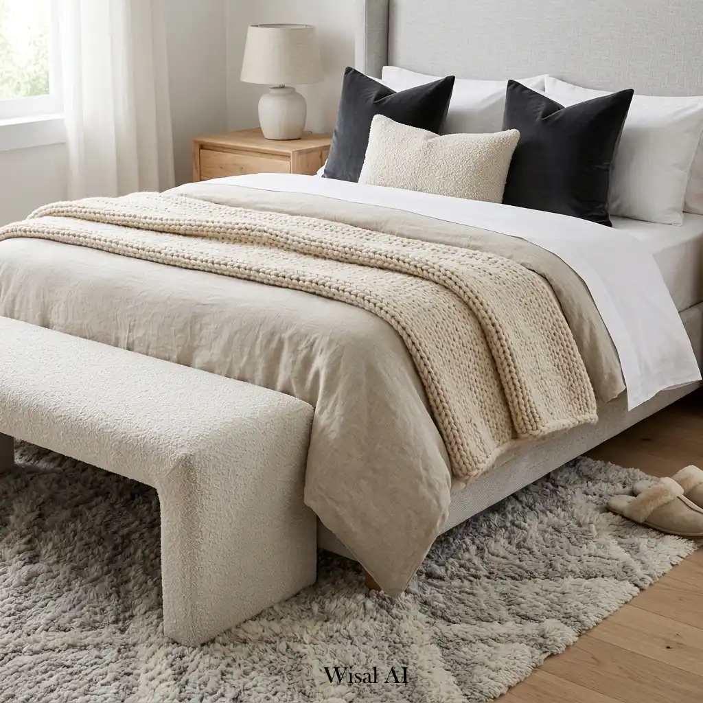 Cozy bedroom layered with plush bedding, textured rugs, and soft decorative fabrics.