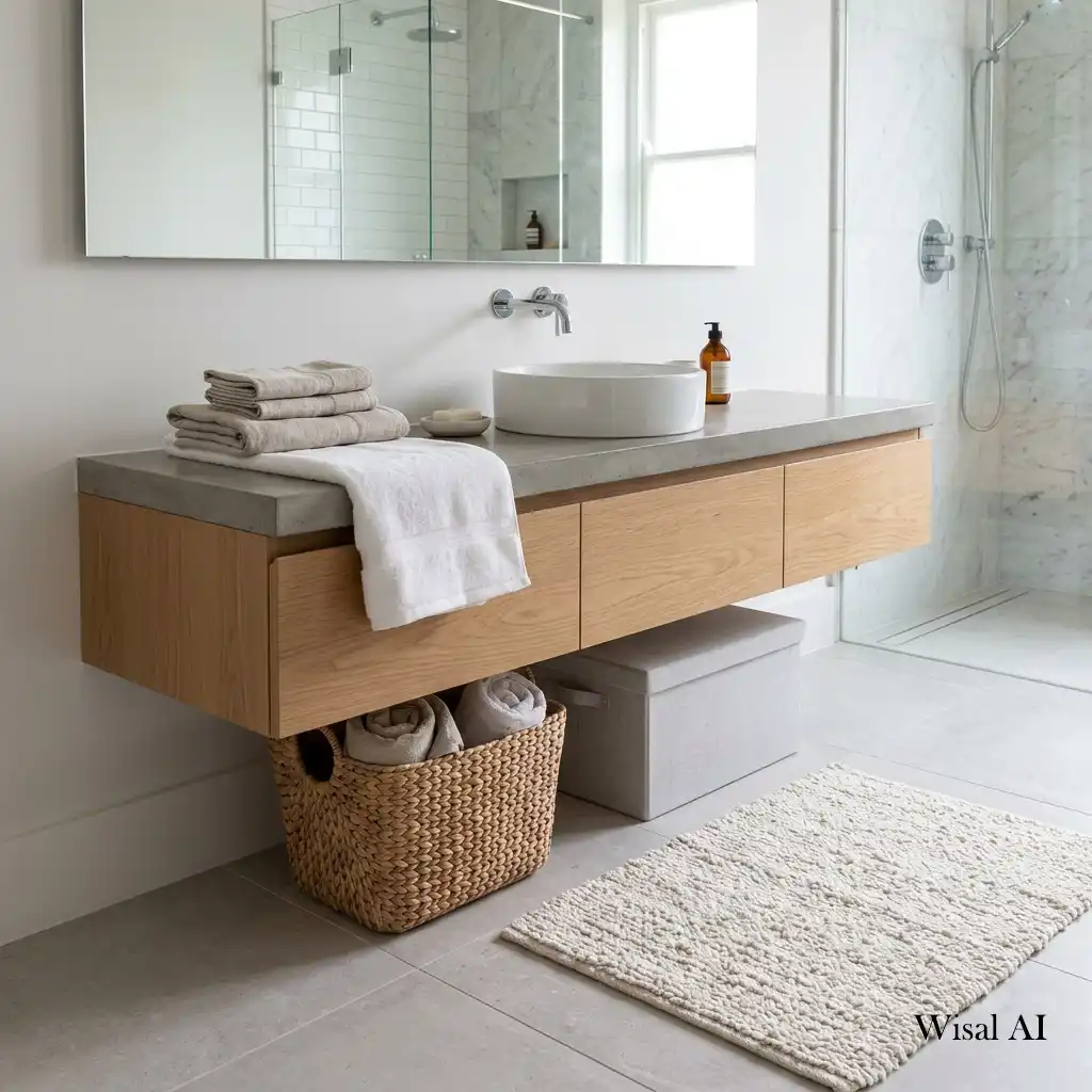 Stylish bathroom vanity layered with soft linen towels and warm natural textures.
