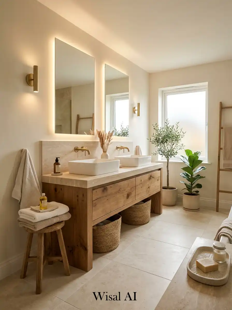 Scandinavian bathroom with ivory walls and natural wood vanity in a warm organic look.