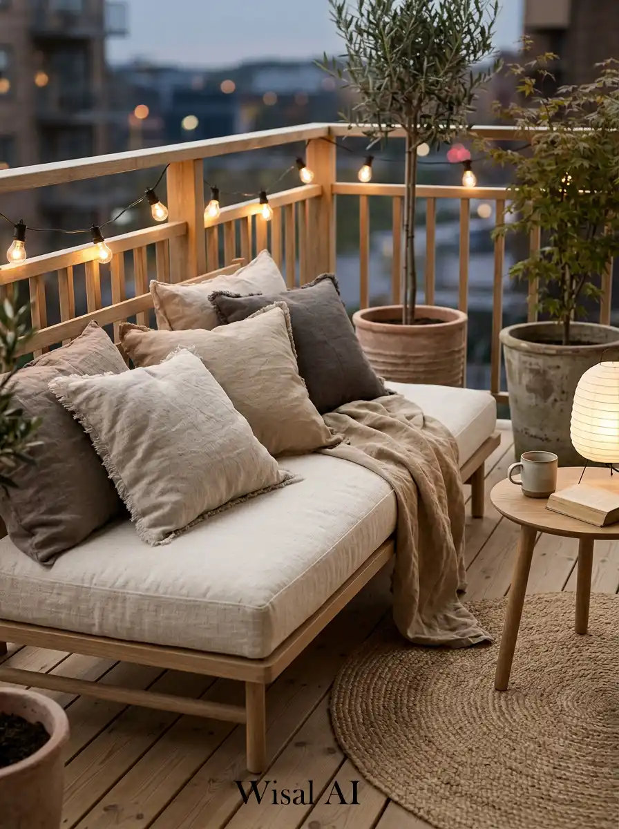 Soft Japandi balcony with layered linen cushions, warm wood tones, and natural minimal styling.