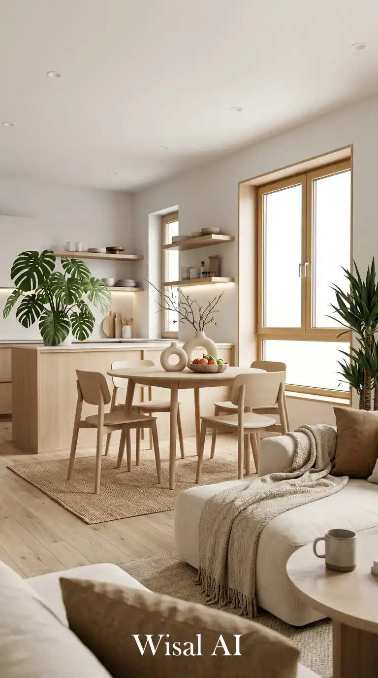 Minimalist Japandi Style Small Living Room with Dining Table