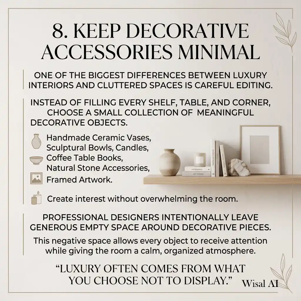 Minimalist living room with curated ceramic décor and uncluttered styling.