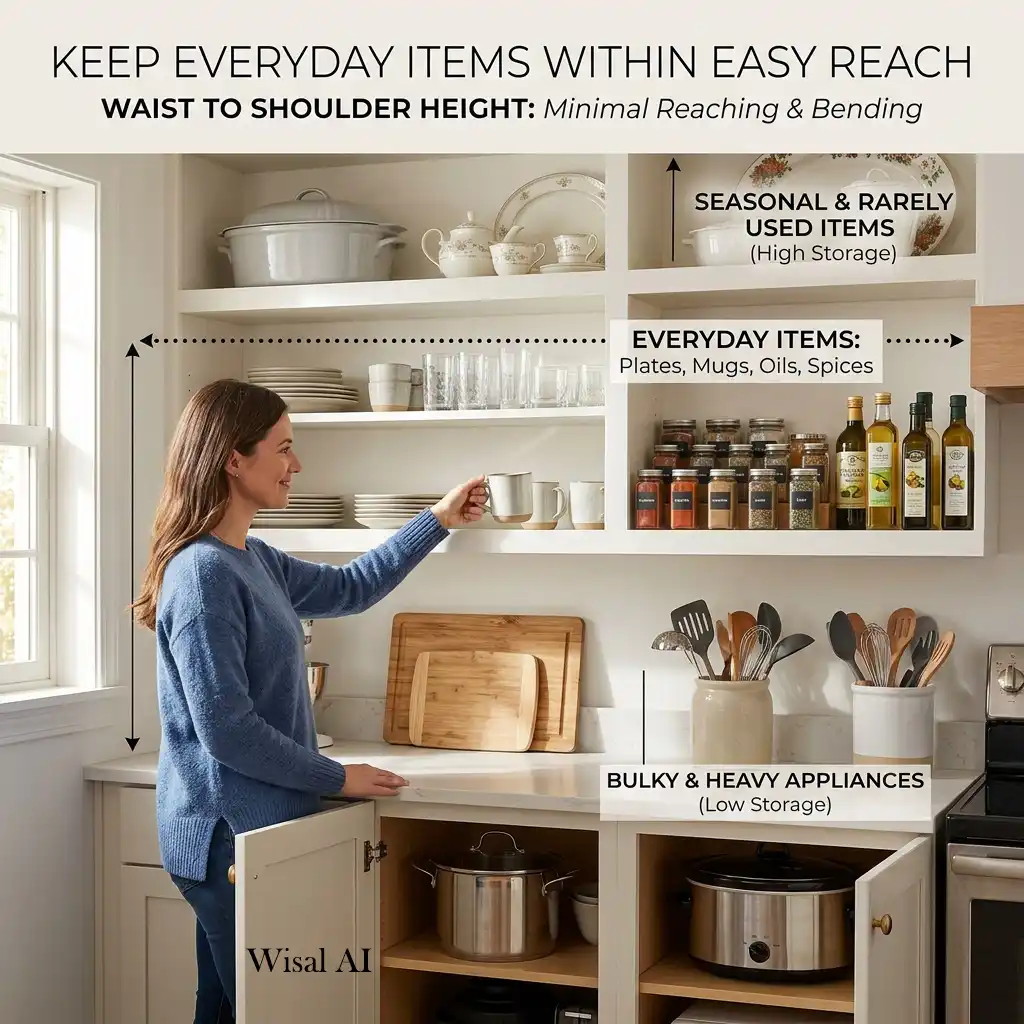 Organized kitchen with everyday dishes, utensils, and cooking essentials stored within easy reach.