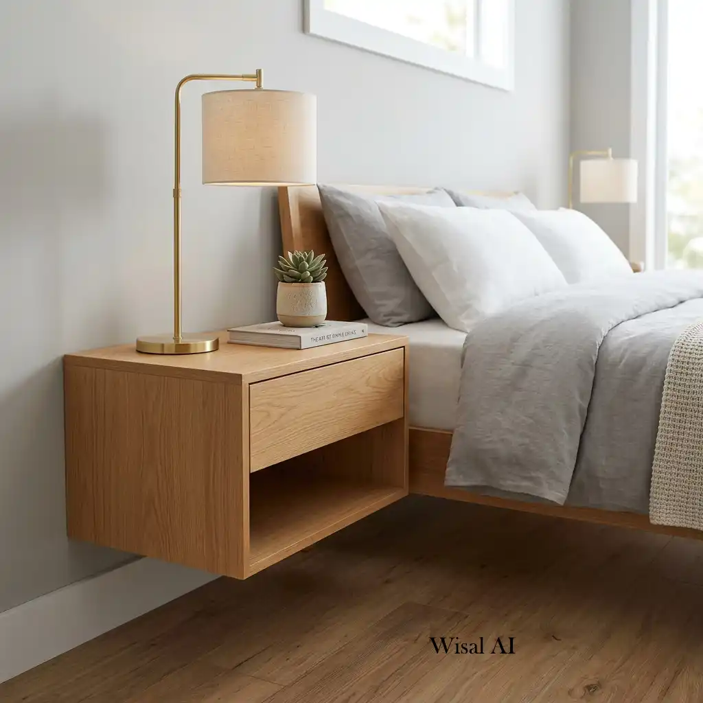 Modern bedroom with compact floating nightstands and clean, minimalist styling.
