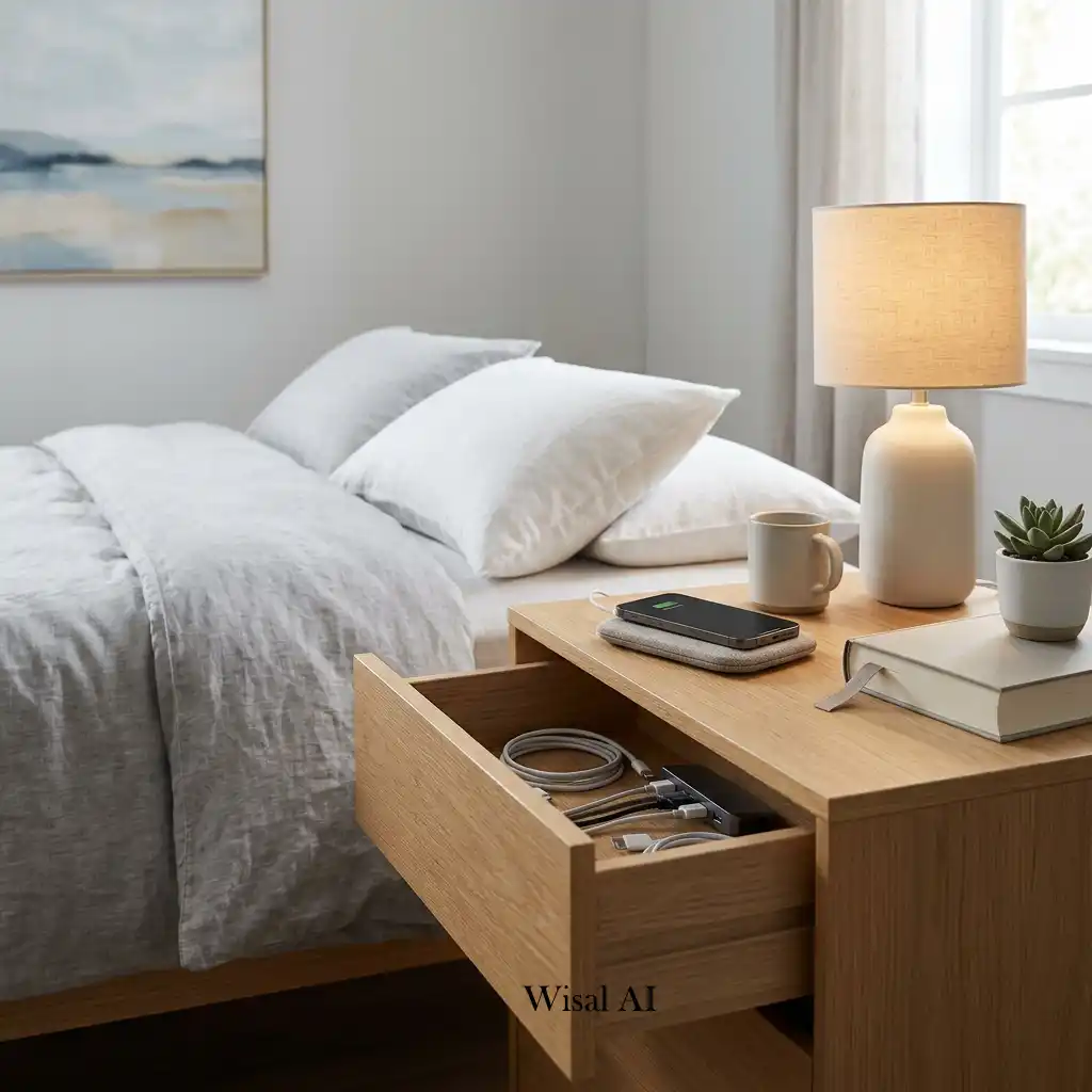 Modern bedroom with neatly organized technology, concealed charging cables, and a clean minimalist design.
