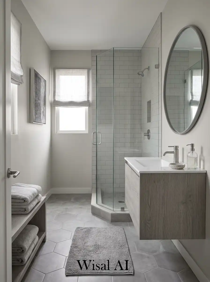 8. Monochromatic palette creates calm spacious bathroom feel