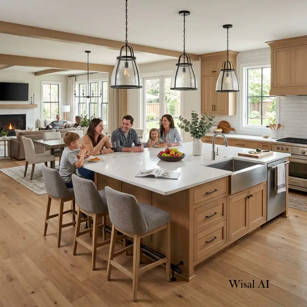 Large open-concept kitchen featuring an island with built-in seating for six people.