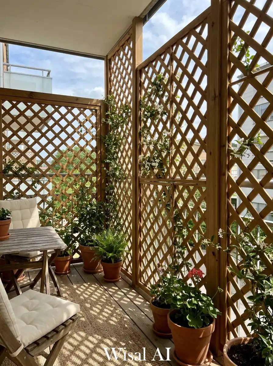 Lattice wooden panels with climbing plant coverage