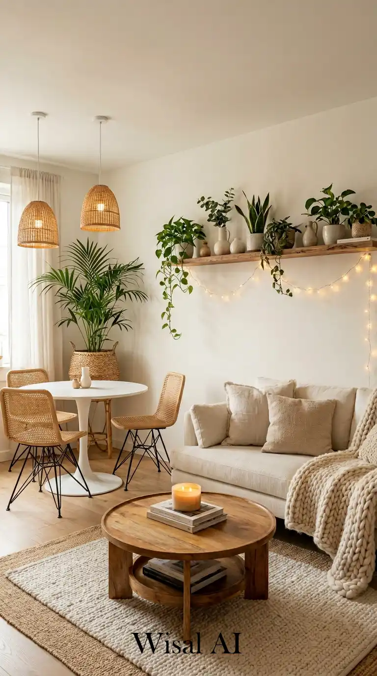 8. Layered Warmth: Small Living Room with Dining Table