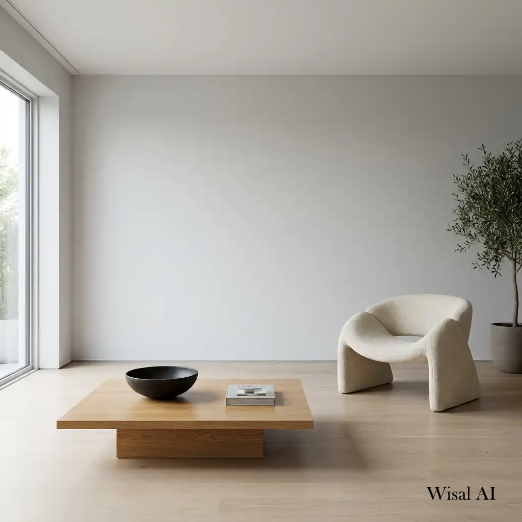 Minimalist living room with clean styling and intentional negative space.