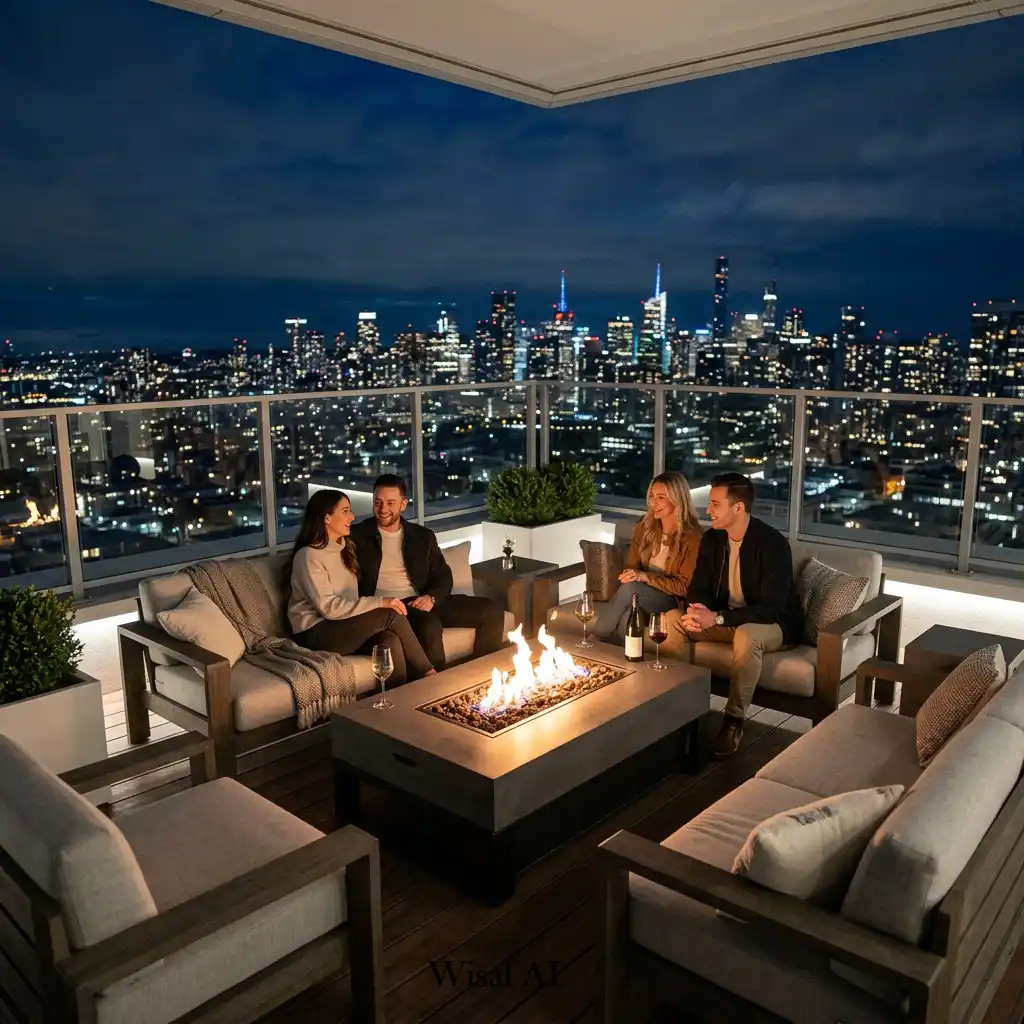 Luxury balcony featuring a modern fire pit table and skyline backdrop