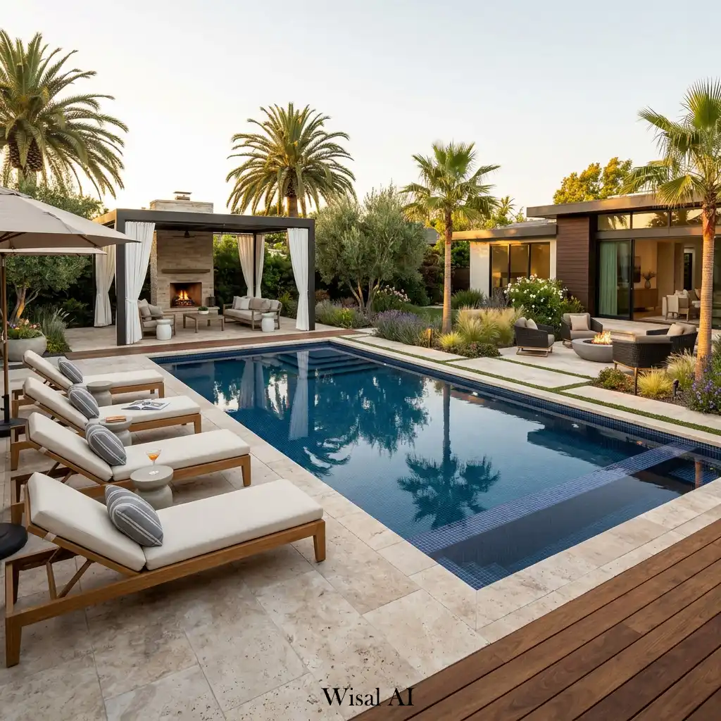 Luxury poolside backyard featuring contemporary landscaping and elegant lounge chairs