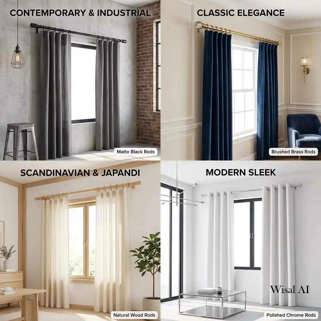 Contemporary window with matte black curtain hardware complementing modern interior design.
