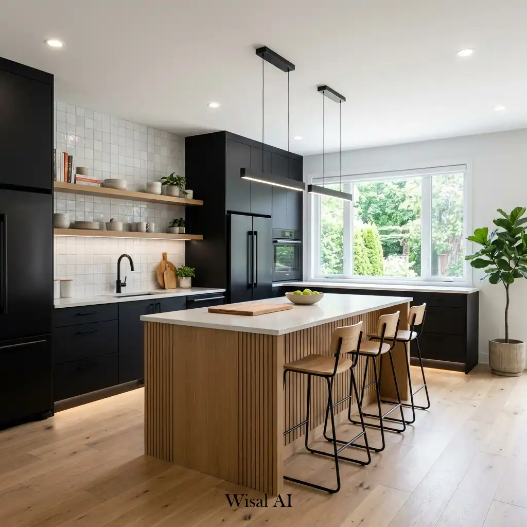Modern matte black kitchen balanced with natural oak cabinetry