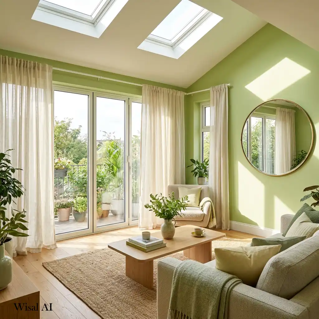 Bright living room with sheer curtains and abundant natural light.