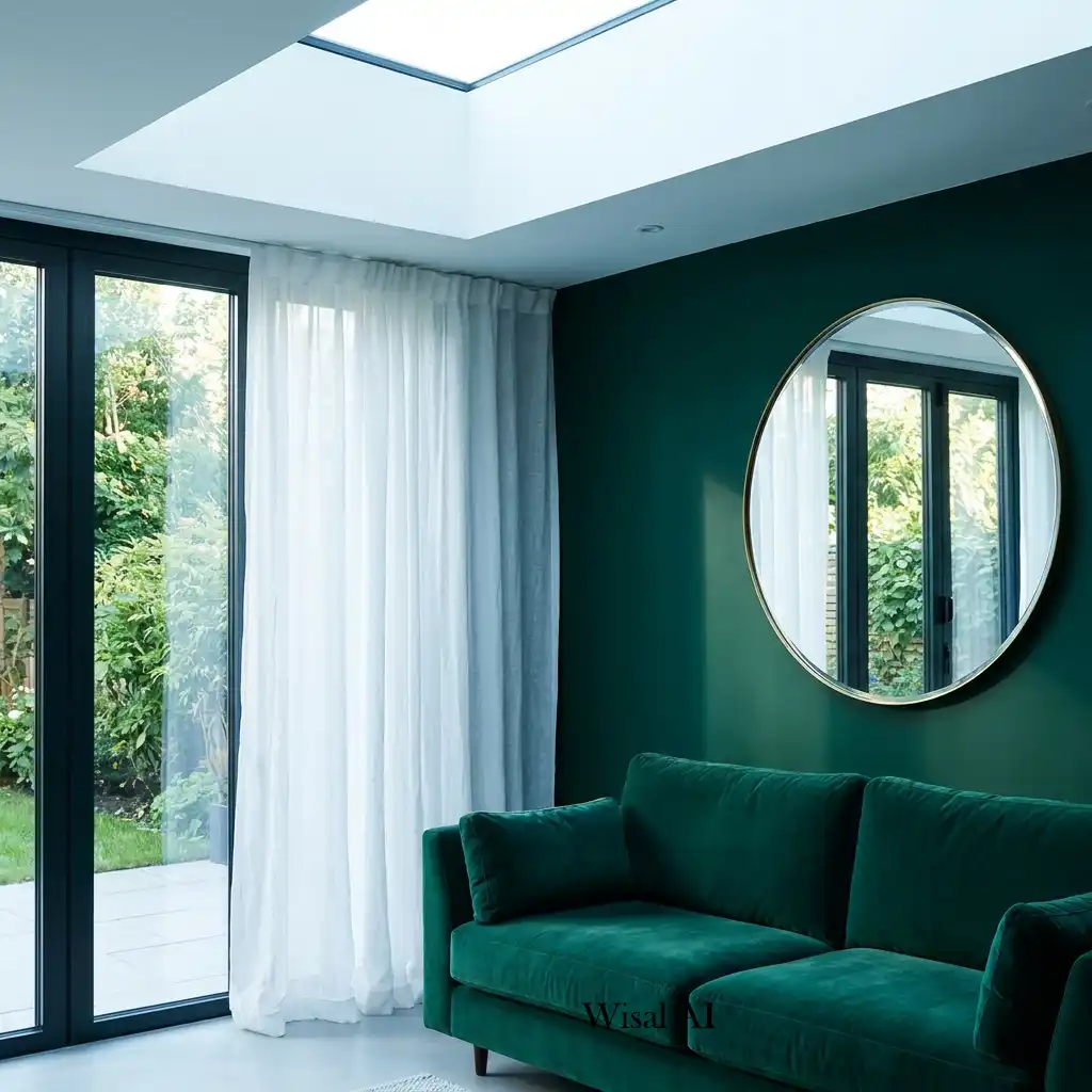 Emerald green living room filled with natural light and airy curtains.