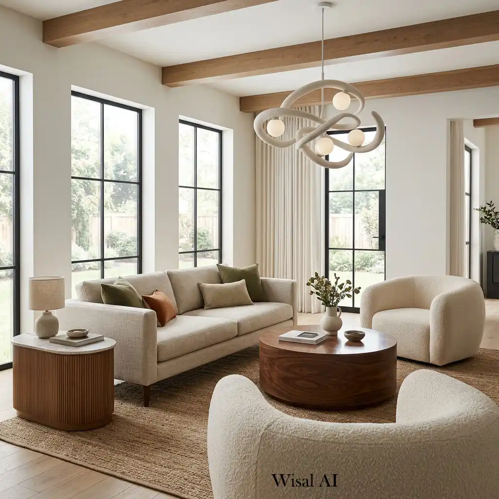 Modern living room with curved chairs and a round coffee table.