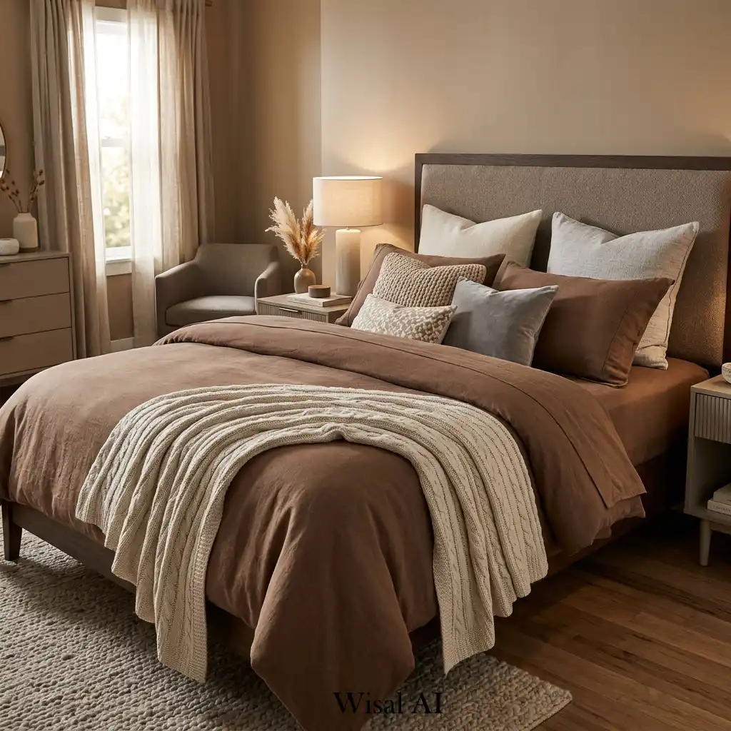 Cozy mocha bedding in warm modern apartment bedroom