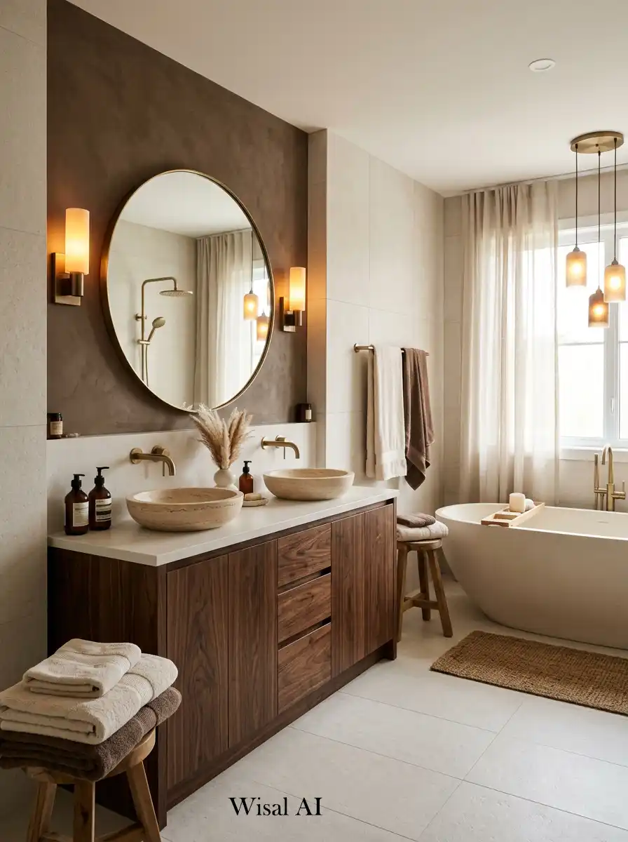 Modern luxury bathroom with mocha brown accents warm white walls and soft organic spa-inspired interior details.