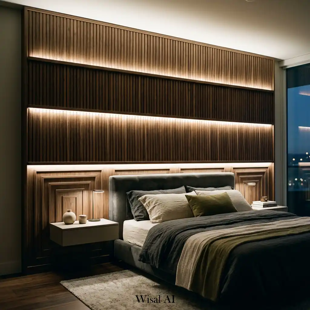 Modern bedroom wall paneling enhanced by hidden LED lighting.