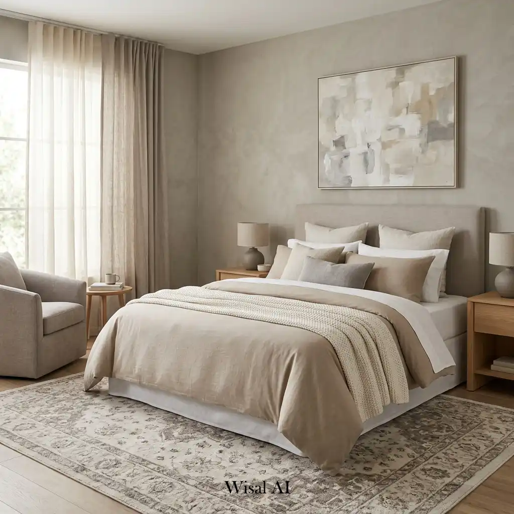 Cozy neutral bedroom with layered beige, cream, and taupe tones.