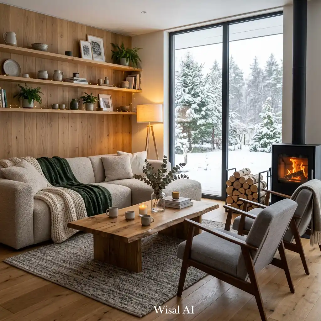 Modern winter living room featuring natural wood furniture and warm finishes.