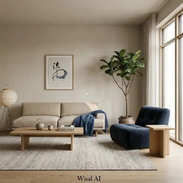 Coastal inspired moody blue living room with sandy tones and natural light