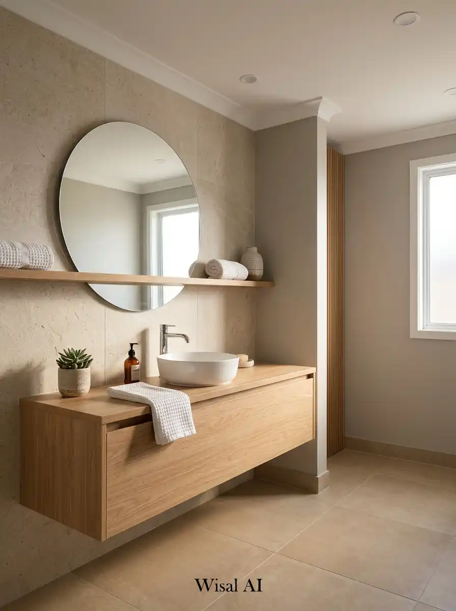 Spa-inspired bathroom with natural wood accents soft neutral colors and warm organic minimalist interior atmosphere.