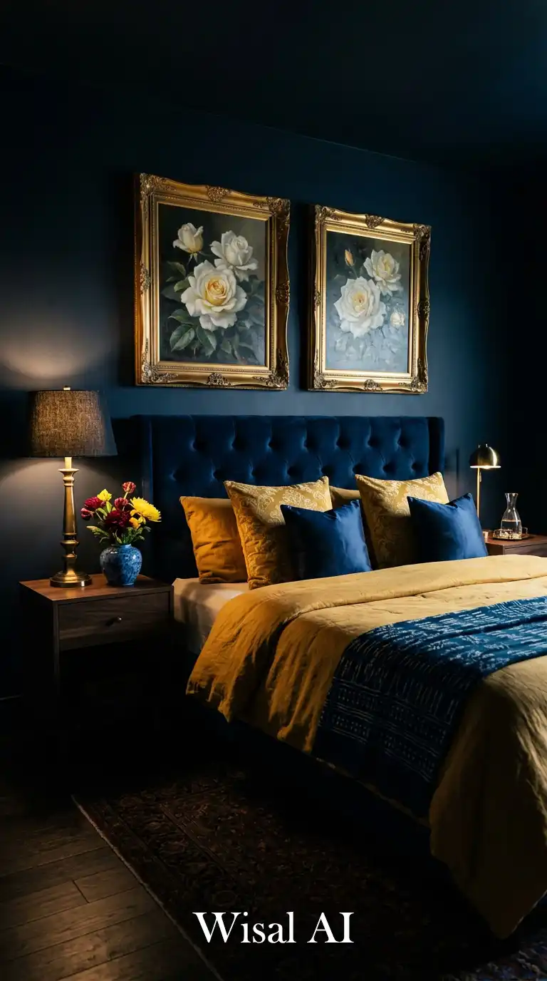 8. Noir Botanical: A Dark Blue and Yellow Bedroom Idea