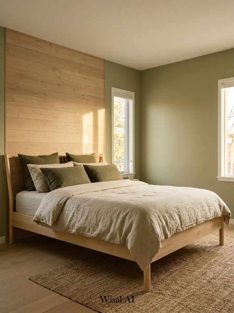 Earthy bedroom combining olive green tones with natural wood textures creating an organic calming nature inspired interior design.