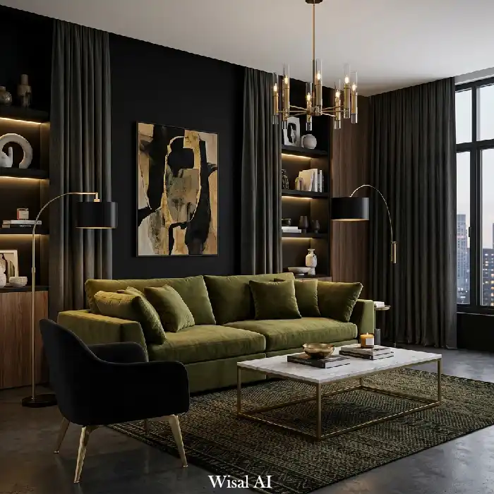 Modern olive green and black living room with velvet sofa, marble details, and luxury finishes