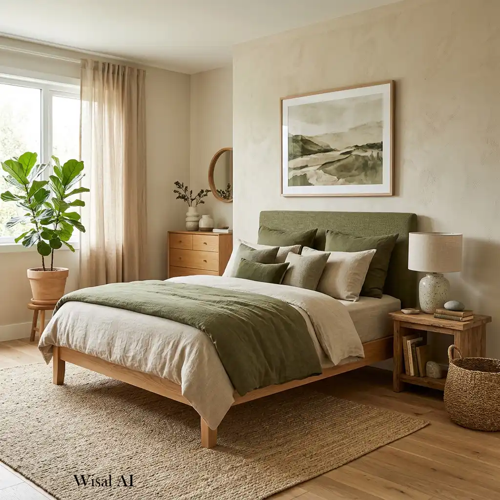 Nature-inspired bedroom with olive green accents and warm sand-colored interiors.