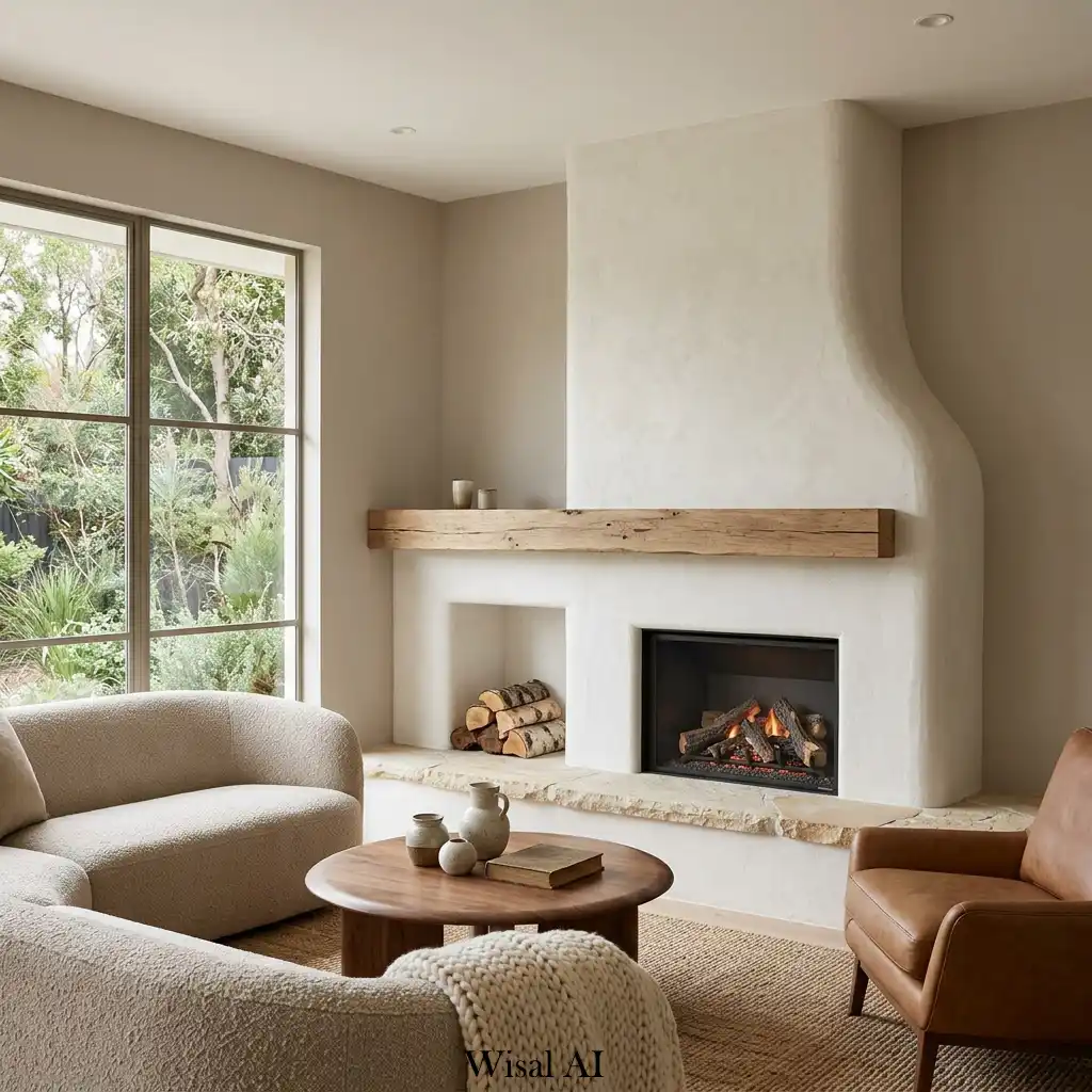 Organic modern fireplace with natural materials and warm neutral colors