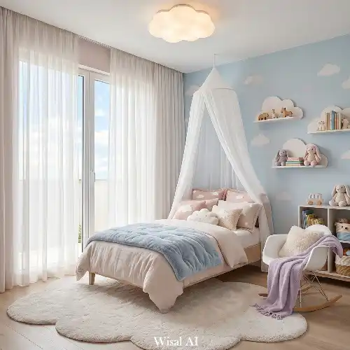 Pastel cloud kids bedroom with soft lighting, dreamy sky decor, and gentle color palette