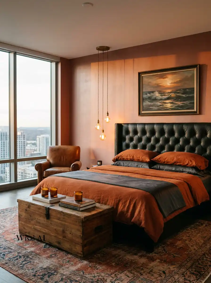8. Sunset Tones & Leather  A Terracotta Bedroom Idea