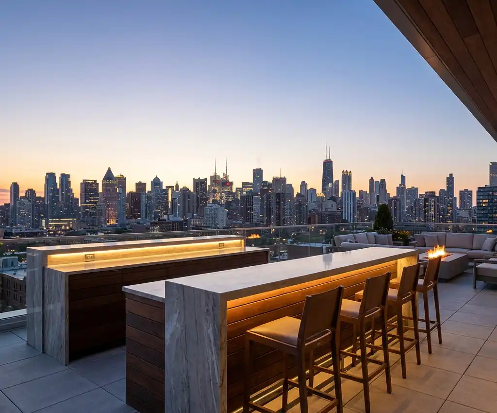 Luxury rooftop terrace with a modern outdoor bar overlooking the skyline