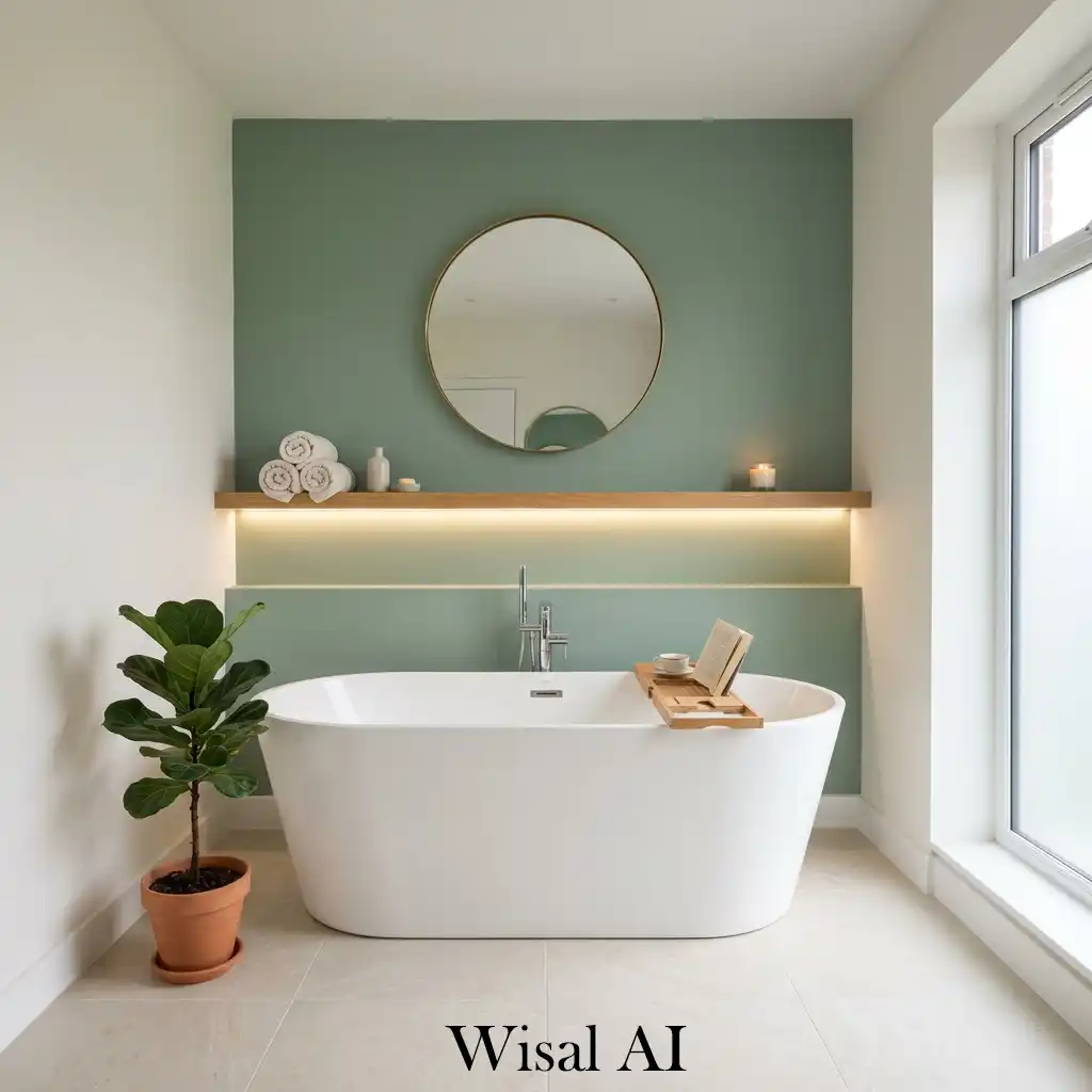 Sage green accent wall behind modern bathtub design