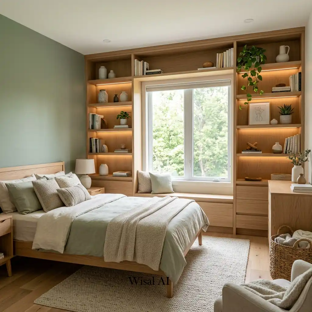 White oak built-in shelving in a sage green bedroom with organic modern décor.